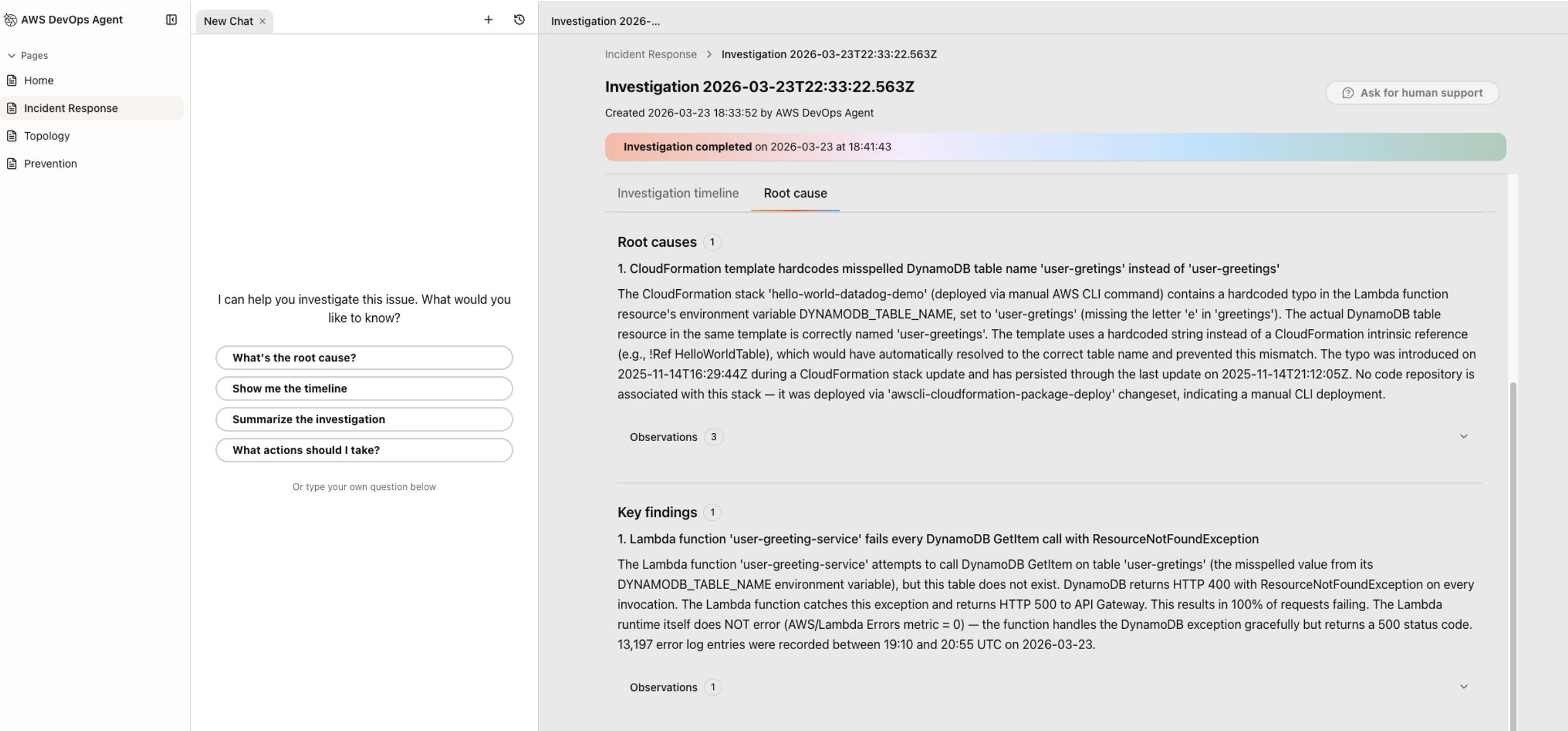 Inside the AWS DevOps Agent Console showing an invigation in progress