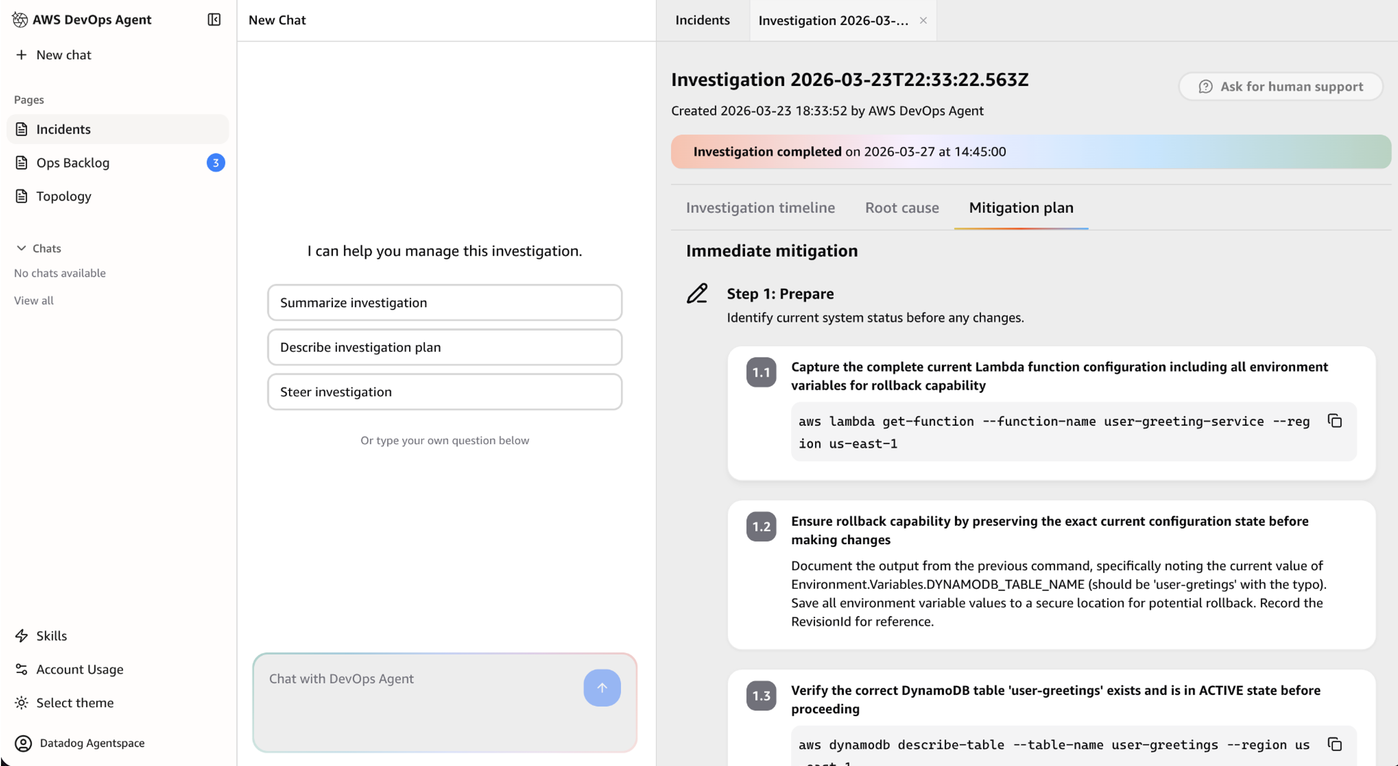 Inside the AWS DevOps Agent console showing the results of a completed investigation