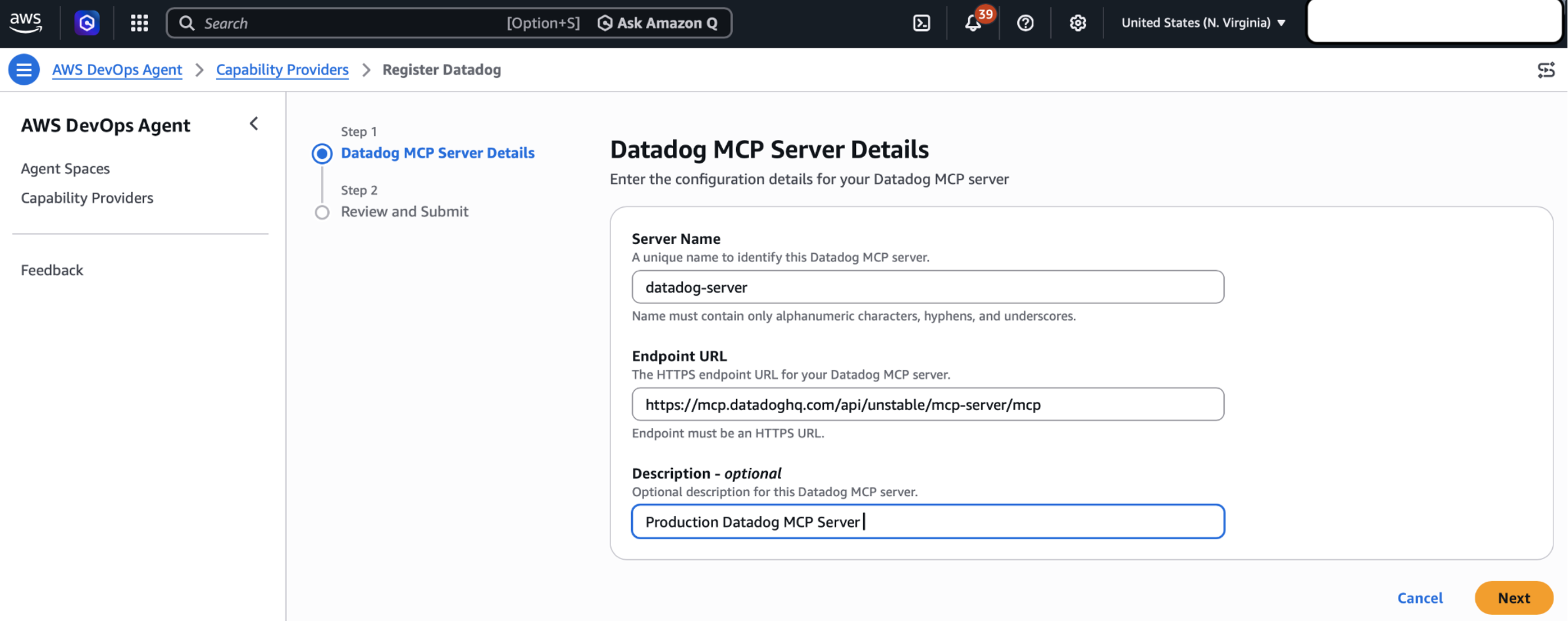 Inside the AWS DevOps Agent console showing the connection for Datadog MCP Server