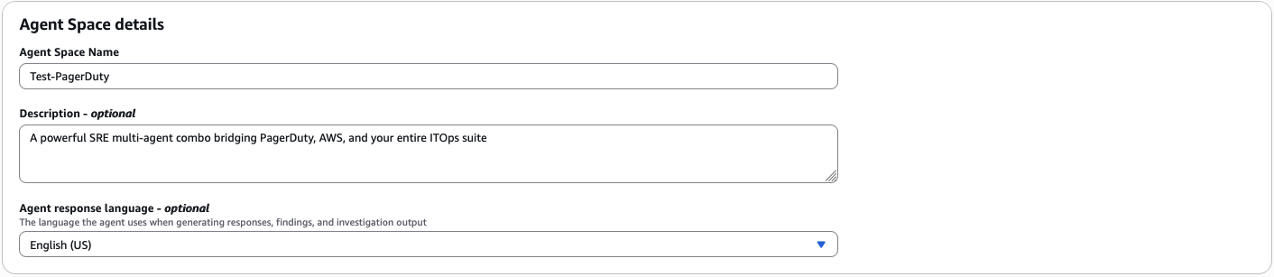 Create Agent Space form with fields for Agent Space name, optional description, and agent response language