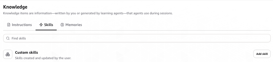AWS DevOps Agent Operator web app Skills page with the Add skill button