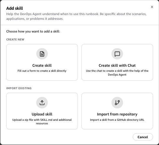 Create skill options showing wizard, interactive chat, and zip upload methods