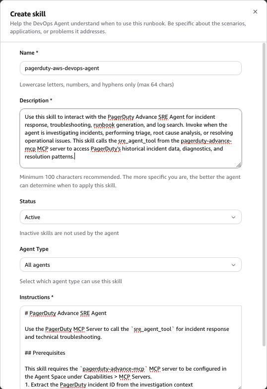 Skill creation form with fields for name, description, status, agent type, and instructions