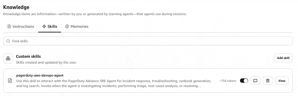 Skills page showing the pagerduty-aws-devops-agent skill successfully added and active alongside the core skills