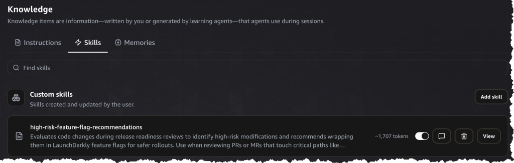 Screenshot of the AWS DevOps Agent Knowledge panel on the Skills tab, showing a custom skill named "high-risk-feature-flag-recommendations" with a description that reads "Evaluates code changes during release readiness reviews to identify high-risk modifications and recommends wrapping them in LaunchDarkly feature flags for safer rollouts."