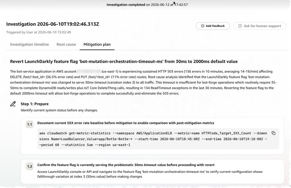 Screenshot of the AWS DevOps Agent Mitigation plan tab showing a plan titled "Revert LaunchDarkly feature flag 'bot-mutation-orchestration-timeout-ms' from 30ms to 2000ms default value." The plan includes Step 1: Prepare, with sub-steps to document the current 5XX error baseline using an AWS CLI command and confirm the flag is still serving the problematic 30ms value.