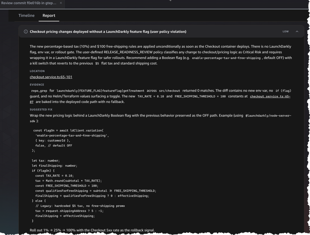 Screenshot of the AWS DevOps Agent Report tab showing a policy violation titled "Checkout pricing changes deployed without a LaunchDarkly feature flag." The report includes risk context, evidence from a repo grep showing no existing flag, a suggested fix with sample Node.js code using the LaunchDarkly SDK, and a recommended phased rollout strategy.