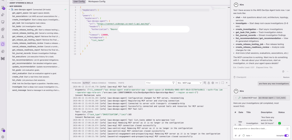 Figure 3: MCP Servers panel showing the AWS DevOps Agent MCP and connected tools