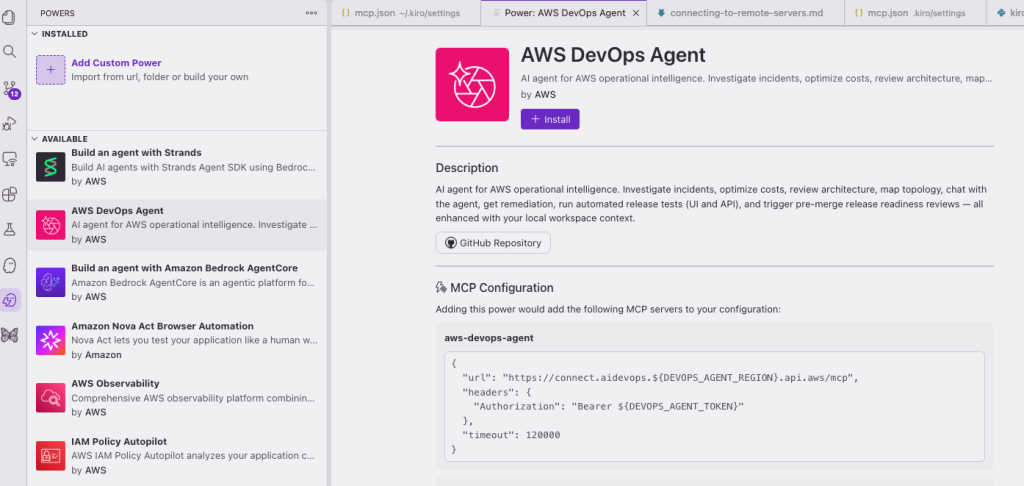 Kiro powers panel showing the Kiro power for AWS DevOps Agent