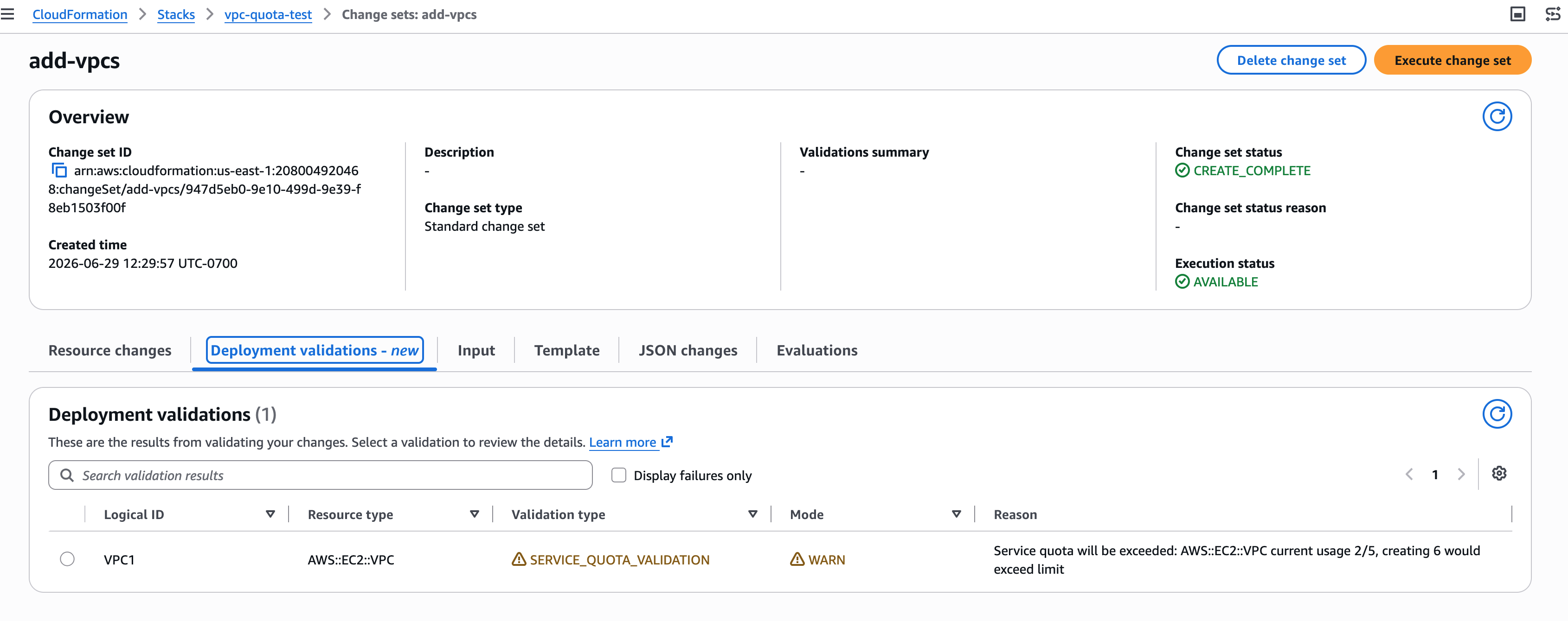 Figure 4 - Service Quotas Warning on CreateChangeSet