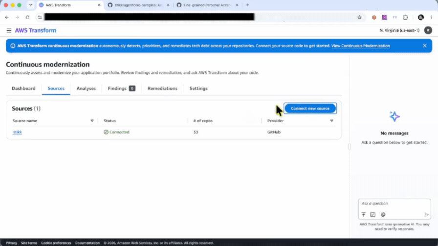 Screen recording of the AWS Transform Continuous Modernization console (N. Virginia region). A "Connect new source" dialog is filled in with GitHub as the provider, then repositories refresh and "agentcore-samples" is selected from the awslabs-agentcoresamples source. A new analysis is configured with type "Tech debt (comprehensive)" and named "agentcore samples tech debt comprehensive." In the Schedule step, "Recurring" is chosen with a weekly cadence on Mondays, a start date of 2026/07/28, and a start time, ending with the "Run now and schedule" button.