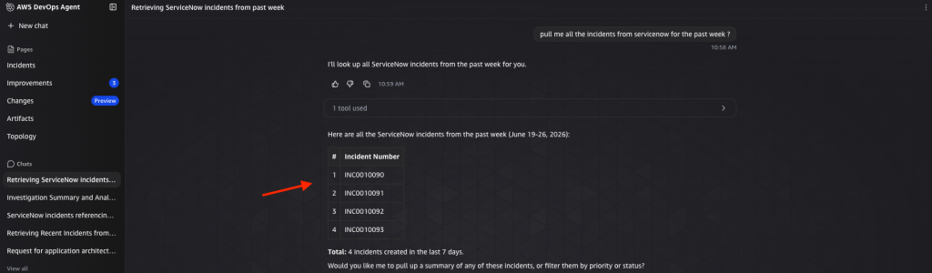 Testing the ServiceNow MCP connection by querying recent incidents