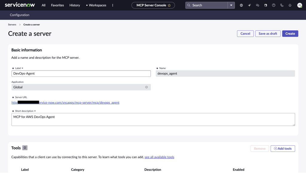 MCP Server Console in a ServiceNow instance