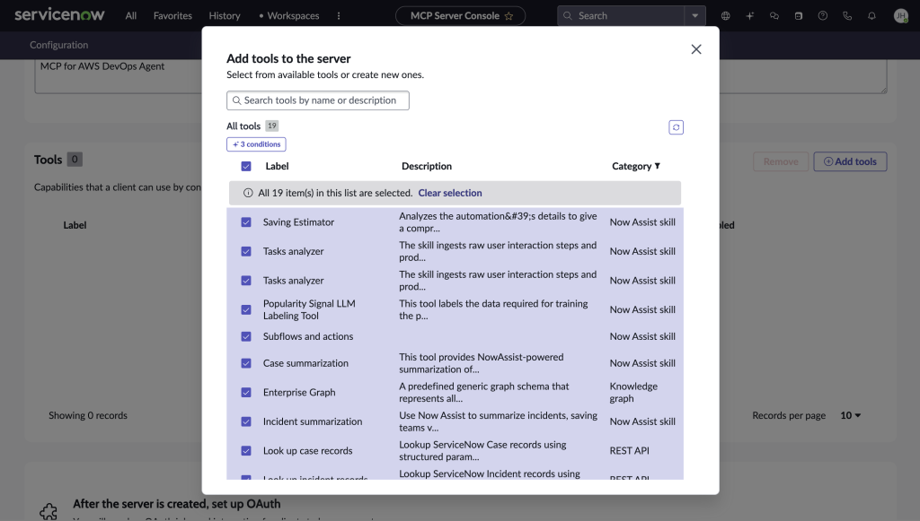 Tool selection in the ServiceNow MCP Server Console