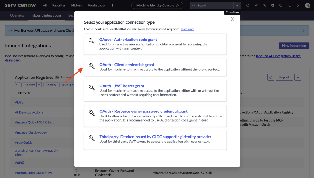 Create Inbound Integration dialog with OAuth Client Credentials grant