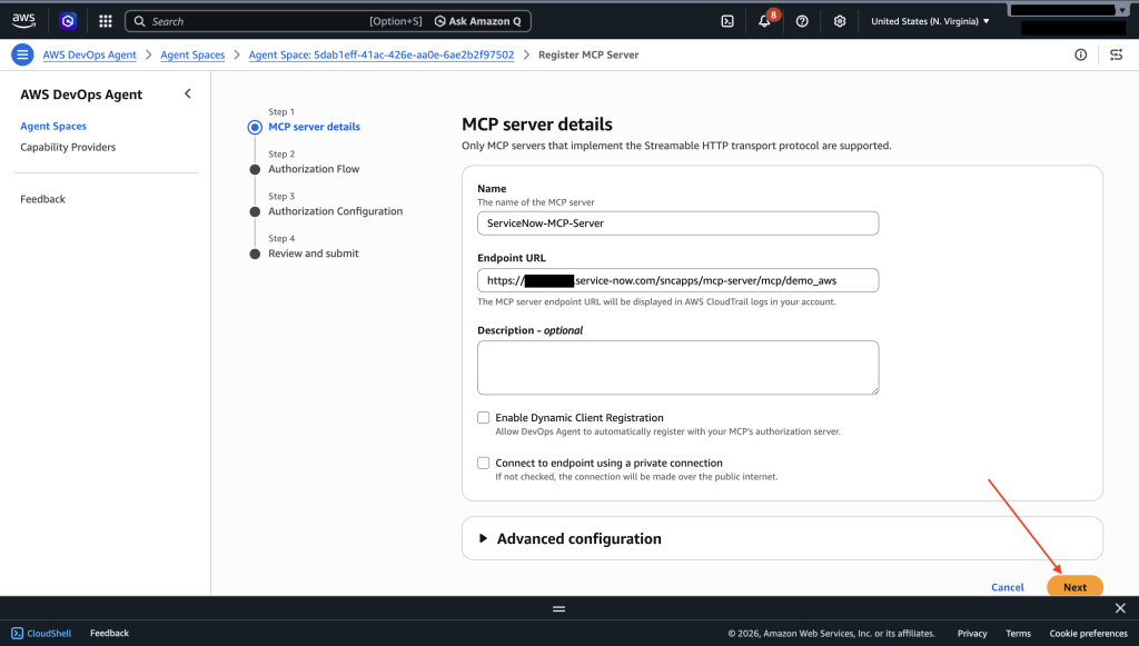 Register MCP Server dialog with ServiceNow endpoint URL