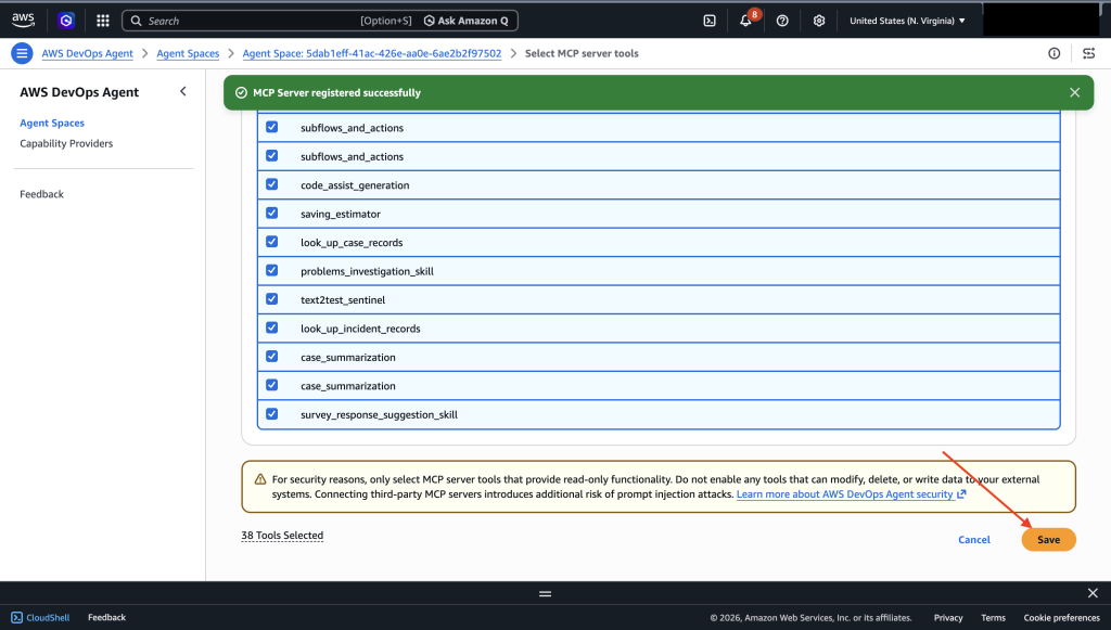 Selecting discovered ServiceNow MCP tools to add to the Agent Space
