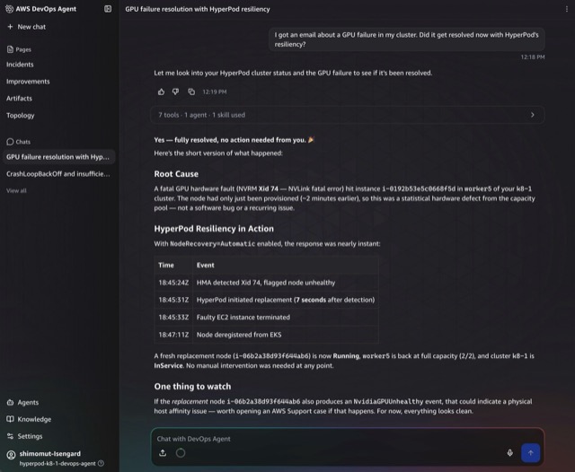 AWS DevOps Agent chat interface showing a natural language query about cluster health