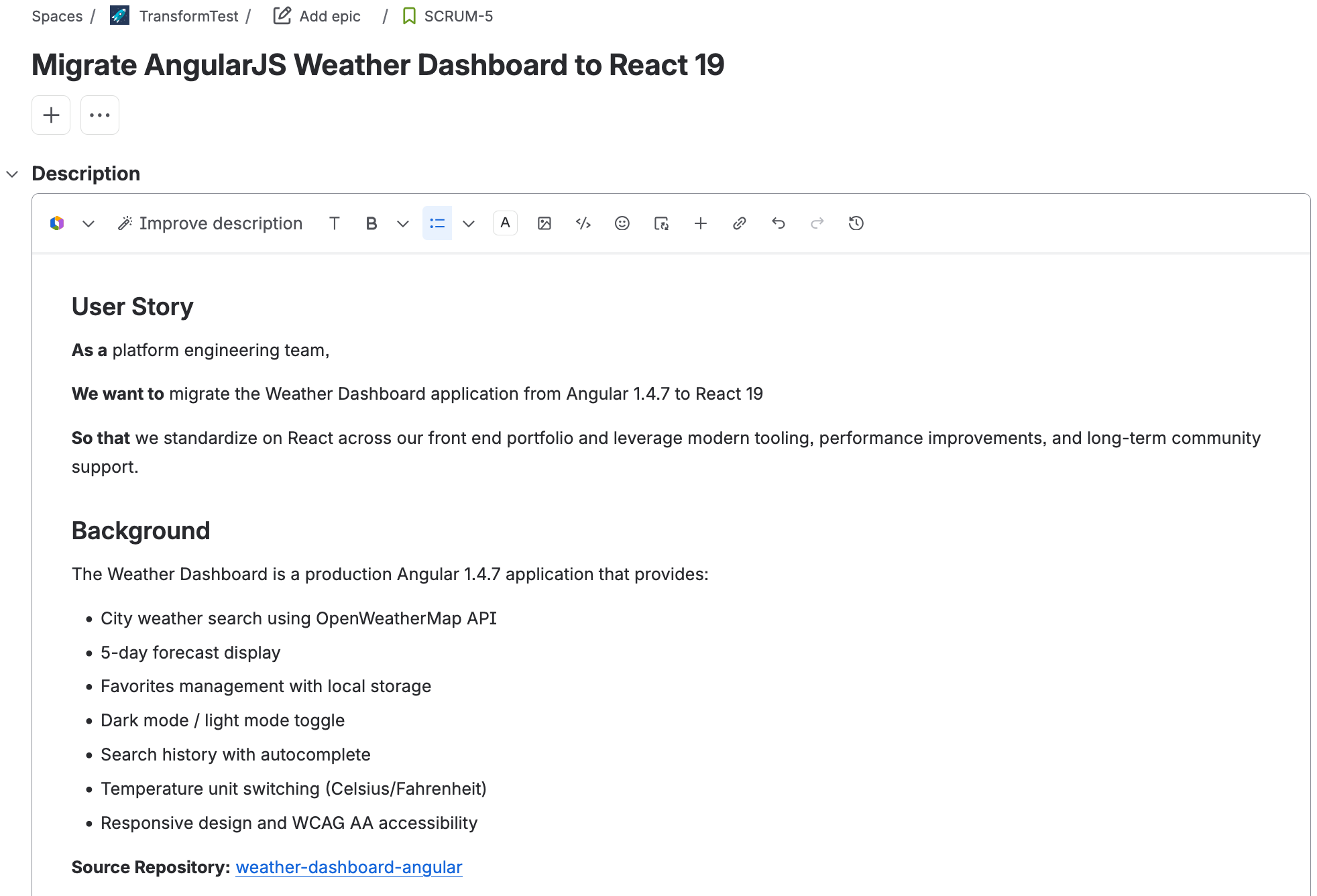 Jira story for migrating AngularJs to React19