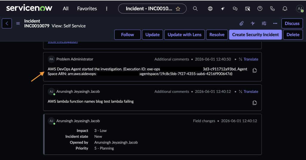 ServiceNow console showing investigation kick off