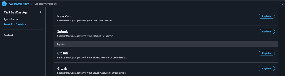 Screenshot of the GitHub Configuration section in the AgentSpace Capabilities tab showing the Register button
