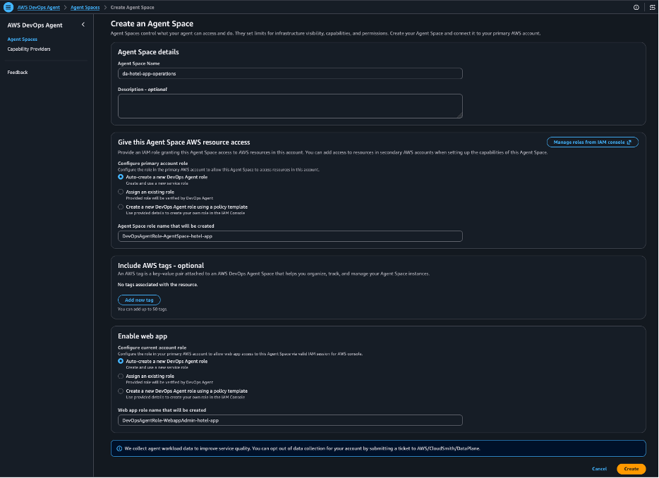 Screenshot of AWS DevOps Agent console showing the Agent Space creation interface with IAM role configuration options