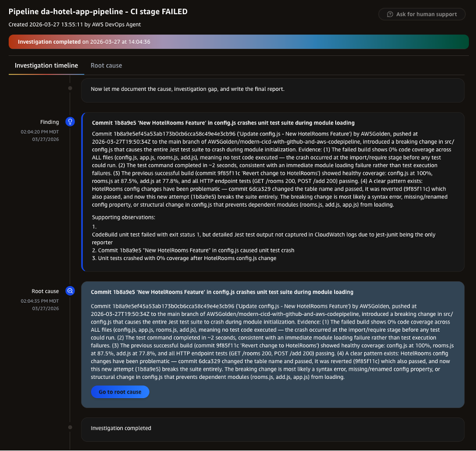 Screenshot of CodePipeline execution view showing a failed unit test stage highlighted in red