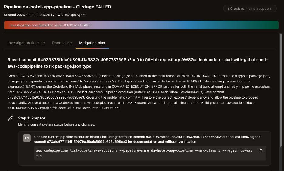 Screenshot of DevOps Agent showing the first step of the mitigation plan identifying the root cause