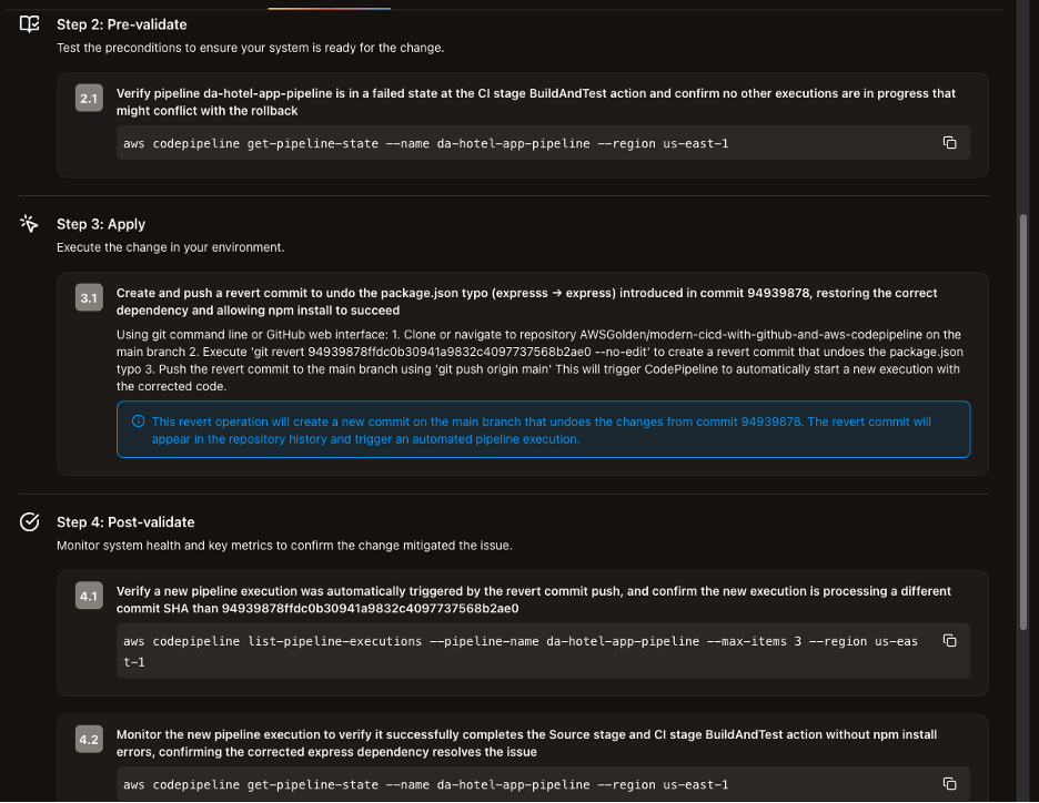 Screenshot of DevOps Agent showing steps 2 through 4 of the mitigation plan with remediation commands