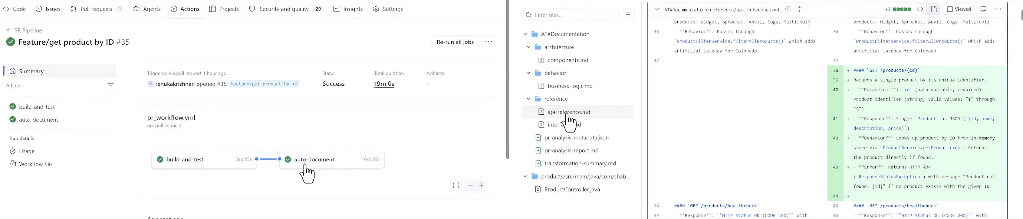 Generated documentation output showing architecture and technical debt reports.