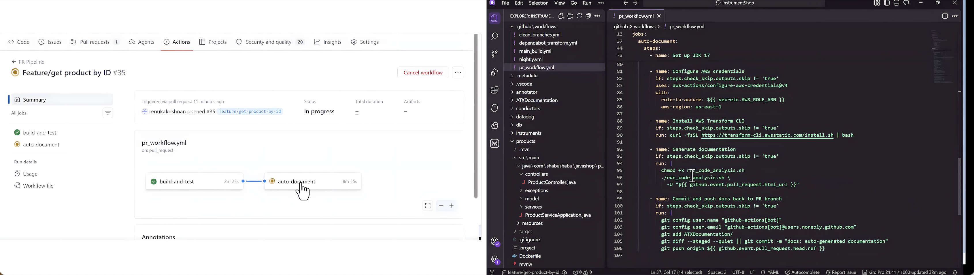 A GitHub pull request triggering the auto-documentation workflow.