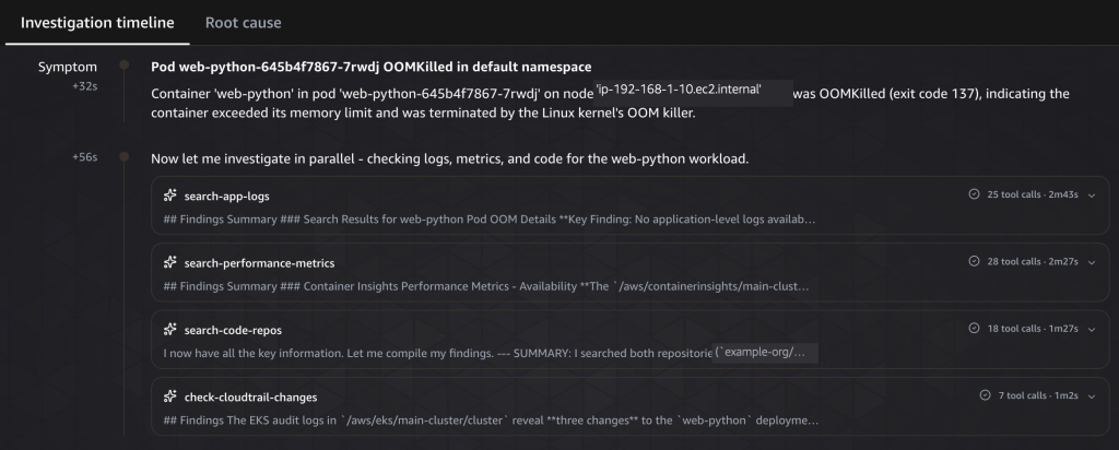The timeline showing the OOMKilled symptom and four investigation tasks running in parallel: search-app-logs, search-performance-metrics, search-code-repos, and check-cloudtrail-changes.