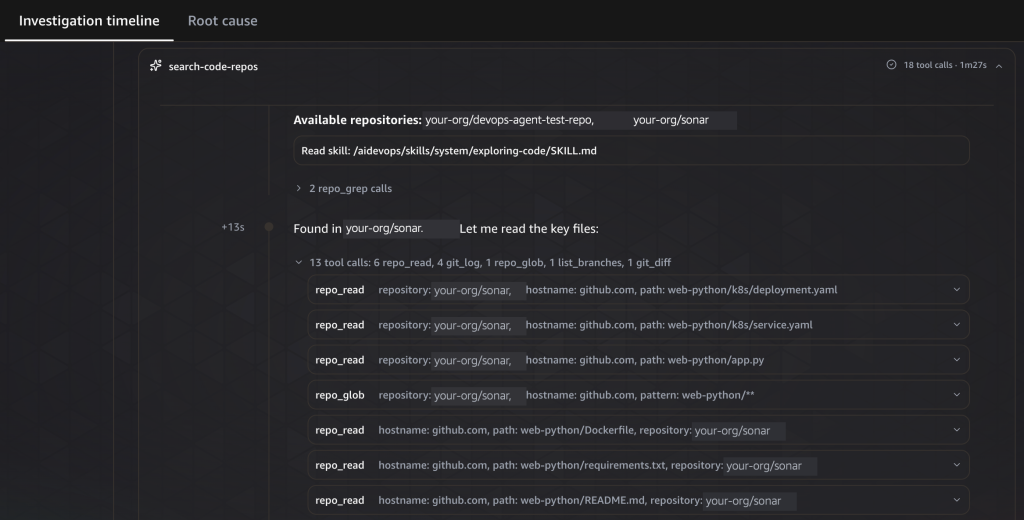 The code repository task listing the files DevOps Agent read from the connected repository, including the Kubernetes deployment manifest, the application source, the Dockerfile, and the requirements file.