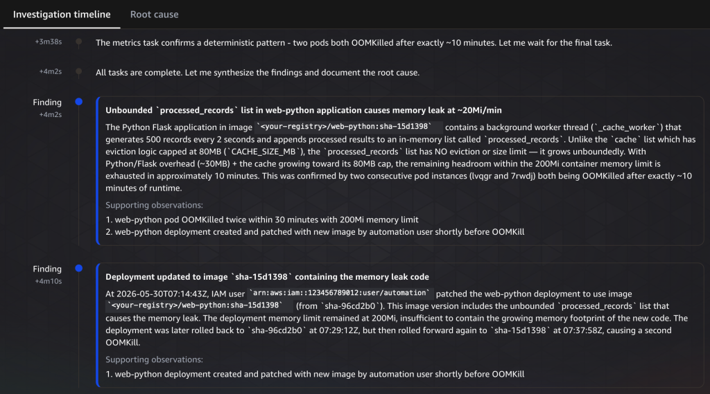 Two findings on the timeline: an unbounded processed_records list leaking about 20 Mi per minute, and a deployment updated to the image that contains the leaking code.