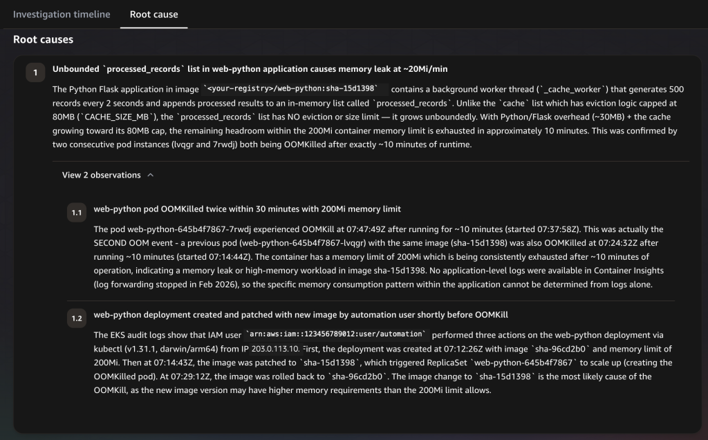 The Root cause tab showing the memory leak summary with two supporting observations: the pod being OOMKilled twice within 30 minutes under a 200Mi limit, and the audit log entry for the image change.