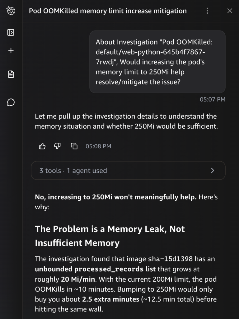 A chat panel where the engineer asks whether raising the pod memory limit to 250Mi would mitigate the issue, and DevOps Agent answers that it would only add about 2.5 minutes before the same OOMKill.