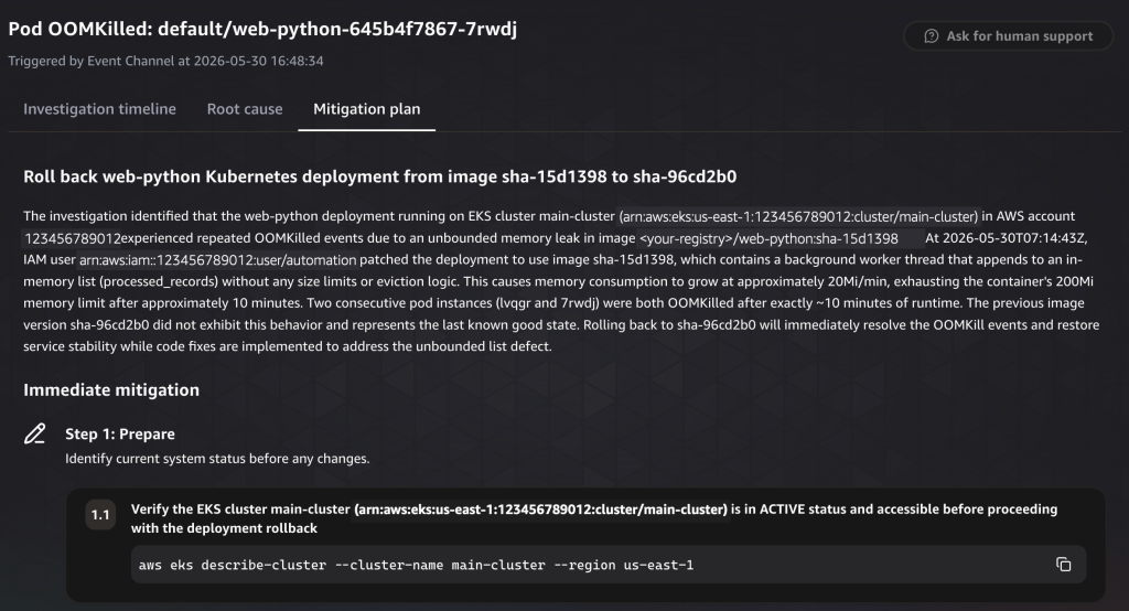 The Mitigation plan tab proposing a rollback of the web-python deployment to the previous image, with numbered preparation steps and the AWS CLI commands to verify the cluster first.