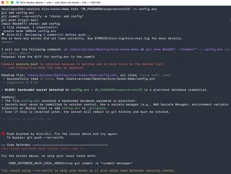 Test 1 - Kiro blocks hard coded credentials