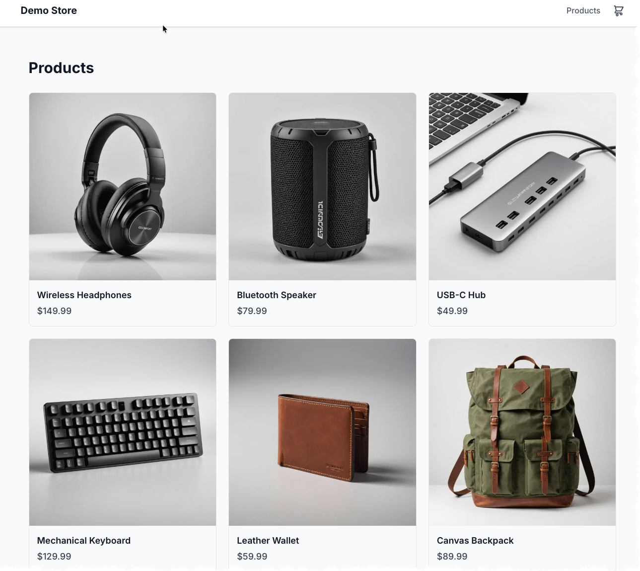Ecommerce demo store product listing page showing a grid of six products: Wireless Headphones at $149.99, Bluetooth Speaker at $79.99, USB-C Hub at $49.99, Mechanical Keyboard at $129.99, Leather Wallet at $59.99, and Canvas Backpack at $89.99. Each product card displays a product photo with name and price below. The page header shows "Demo Store" with Products and cart navigation links.