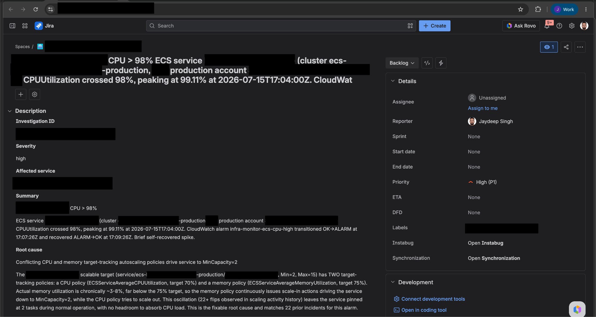 Auto-created Jira ticket showing priority, root cause, and affected service