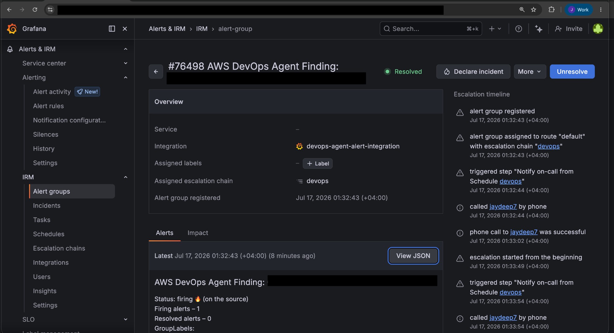 Grafana IRM escalation chain routing the alert to the on-call engineer