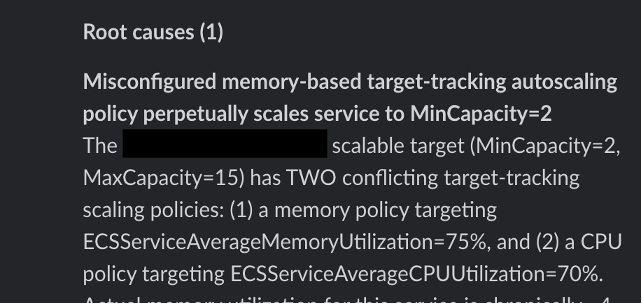 Investigation output naming conflicting CPU and memory autoscaling policies as the root cause