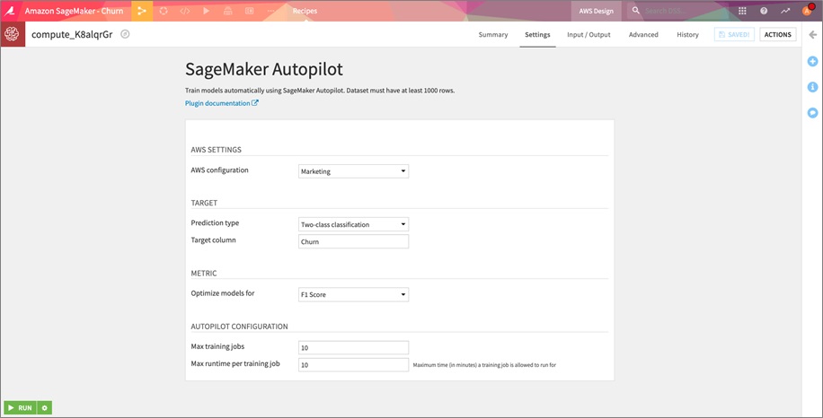 Amazon SageMaker Autopilot setup page in Dataiku DSS