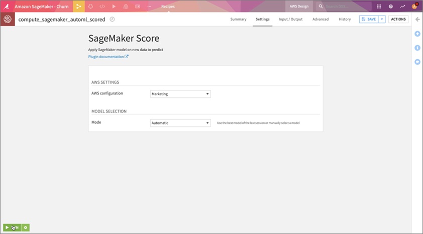 Amazon SageMaker Score setup page in Dataiku DSS.