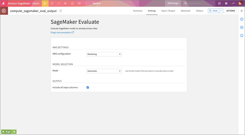 Amazon SageMaker Evaluate setup page in Dataiku DSS