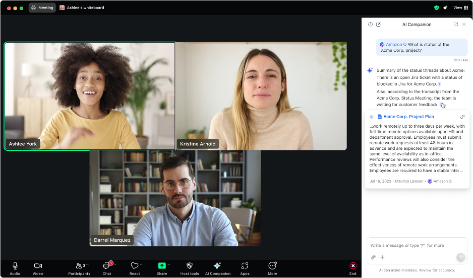 Amazon Q index enhancing the Zoom AI Companion experience