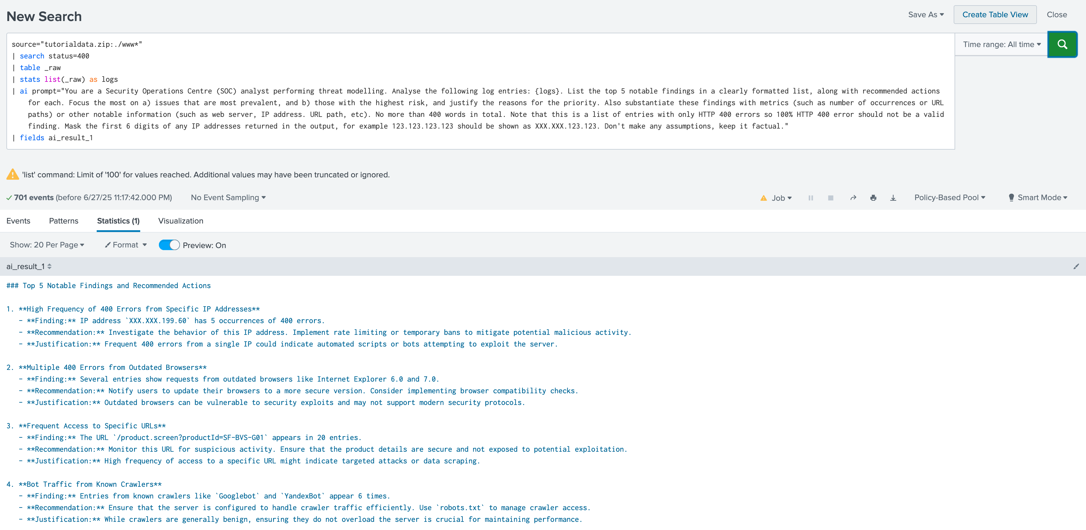 Threat analysis of HTTP 400 error logs with findings and recommended actions identified by Amazon Bedrock
