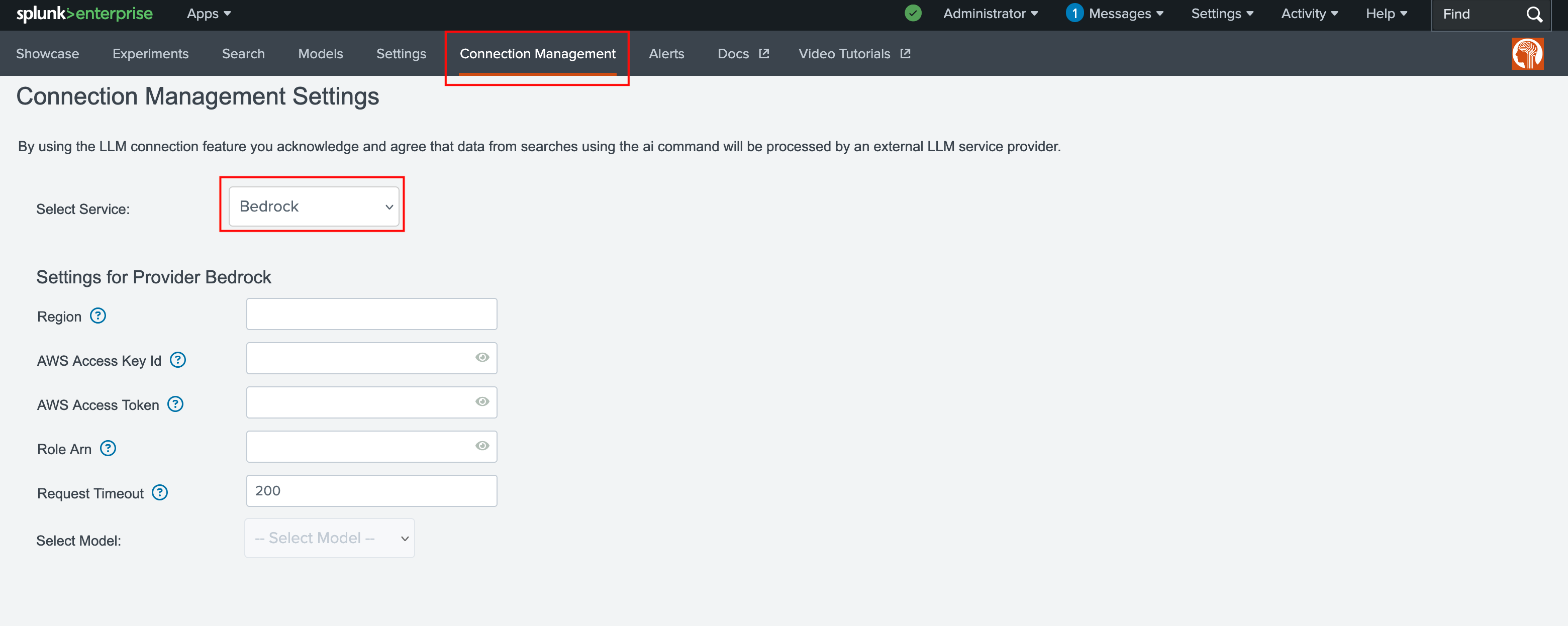 Splunk MLTK Connection Management interface configured for Amazon Bedrock integration