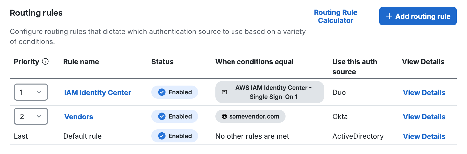 Duo SSO Routing rules supporting multiple authentication sources