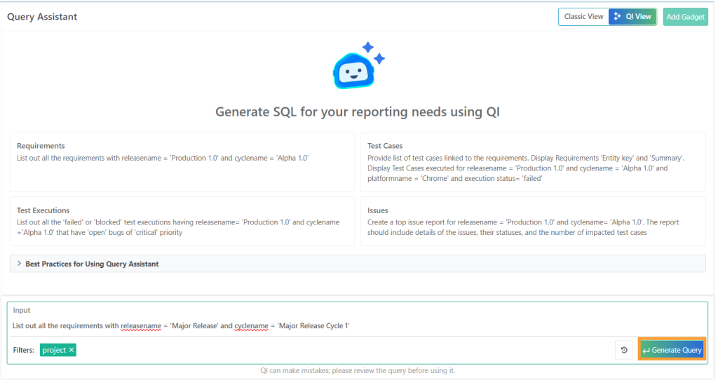 Figure 1 - QMetry Intelligence SQL generator